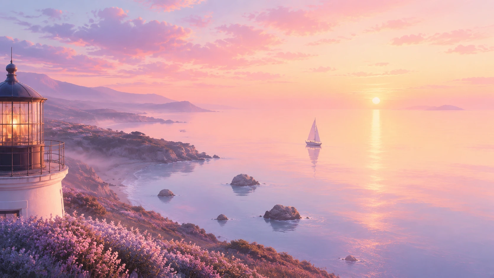 Distant sailboat on a calm pastel seascape at dawn