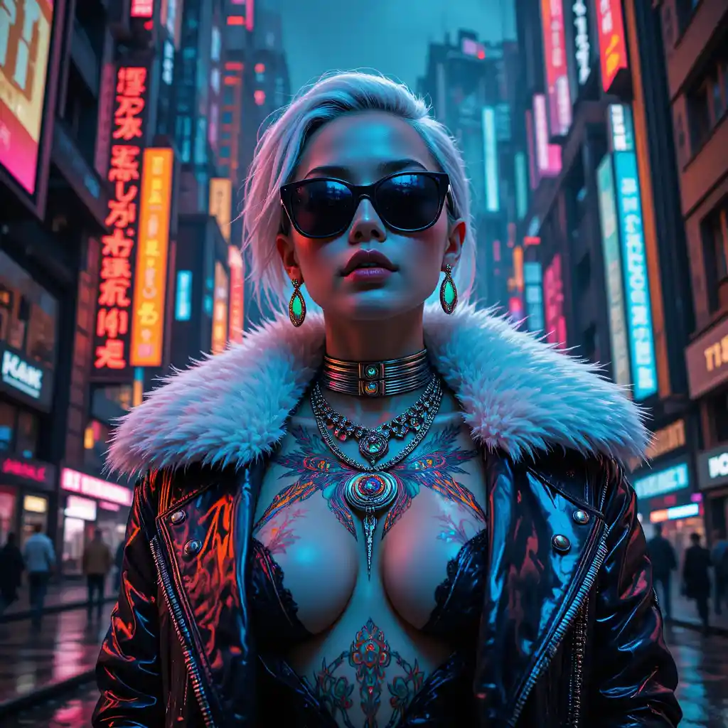 Cyberpunk fashion woman in neon city close up portrait