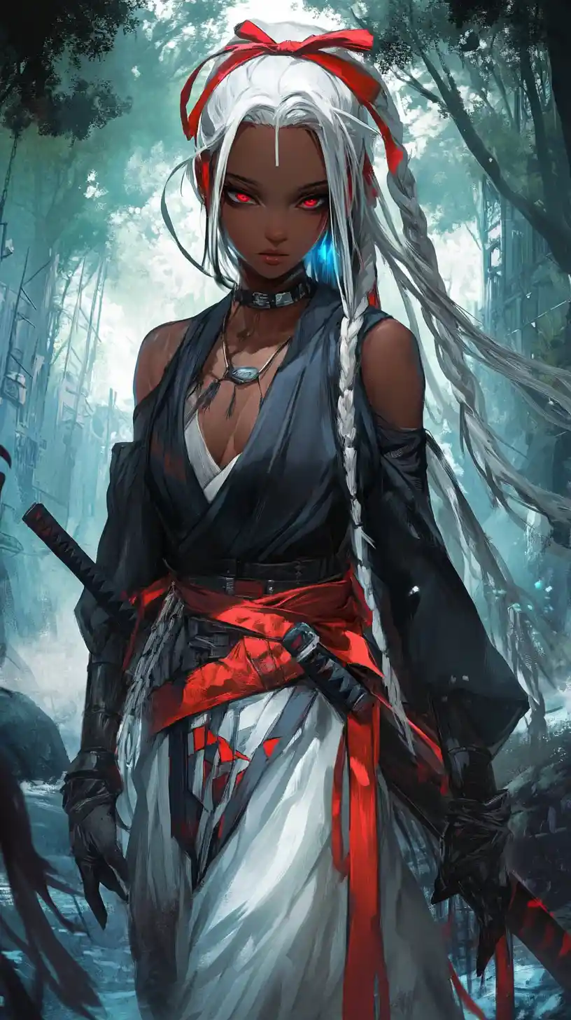 Anime girl with katana standing in a misty forest