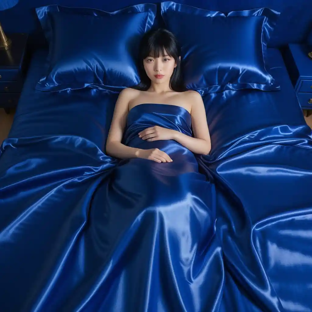 Japanese woman lying on royal blue satin bed sheets