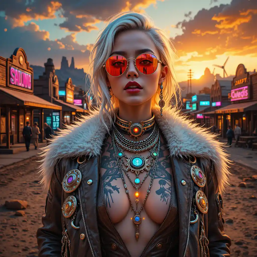 Futuristic outlaw woman in neon western sunset portrait