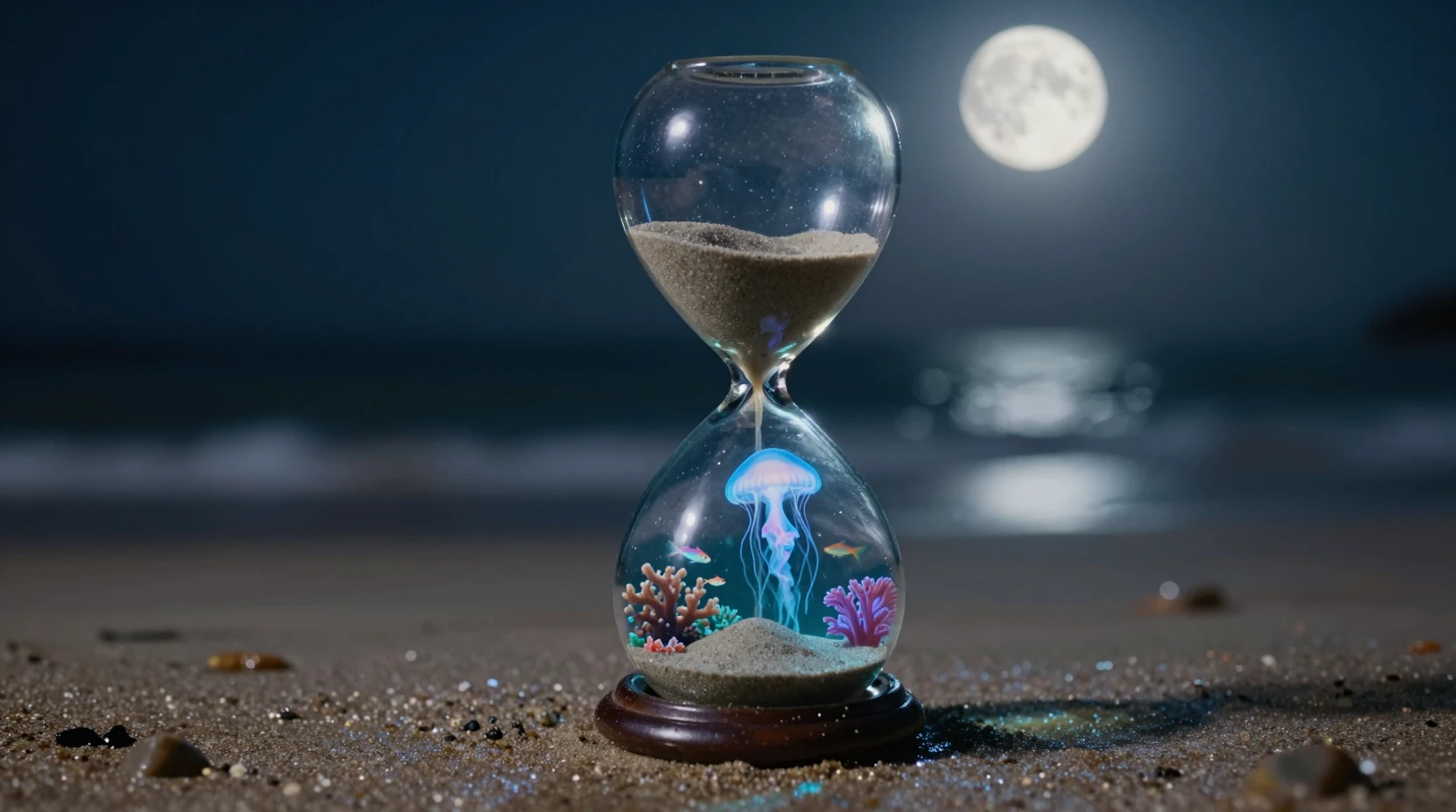 Surreal glass hourglass ocean glowing on a midnight beach