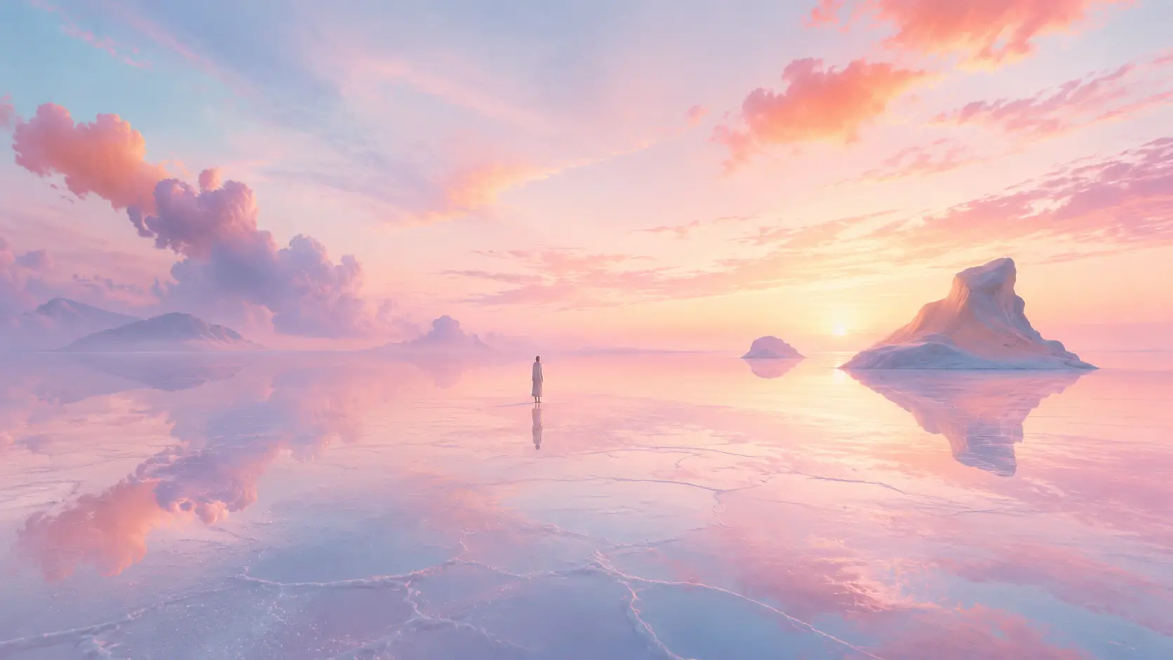Lone figure on pastel sunrise salt flat with distant islands
