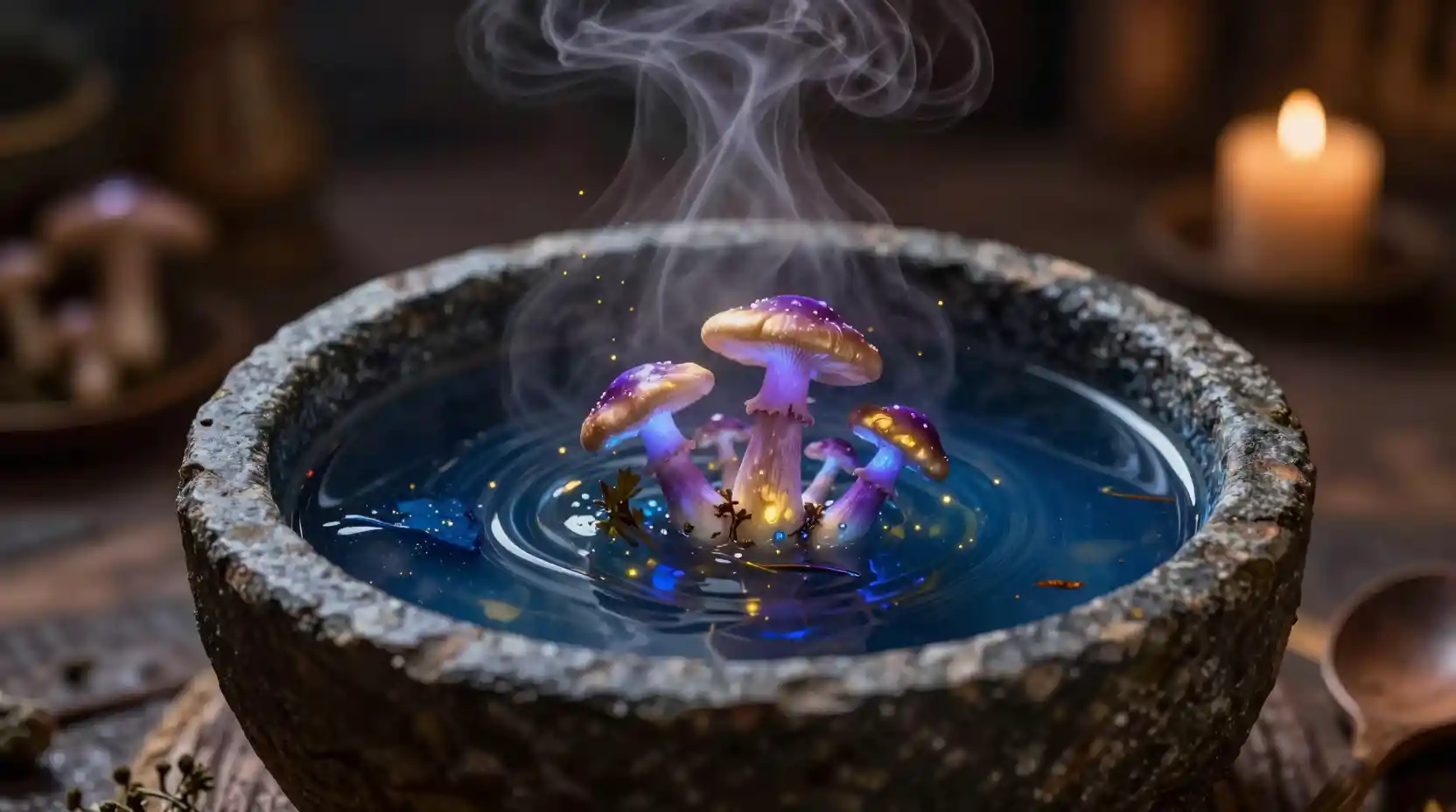 Mystical Herbal Soup With Glowing Mushrooms In Stone Bowl