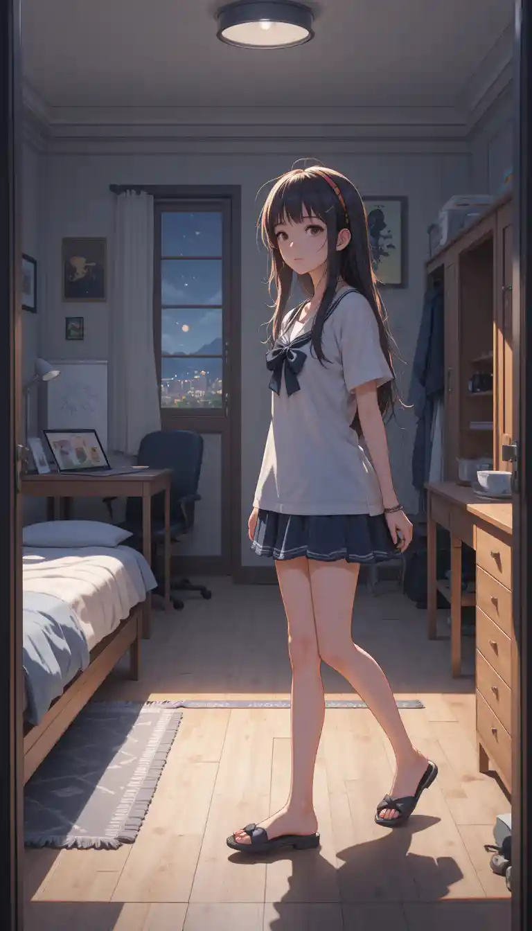 Anime girl walking through a cozy bedroom at night