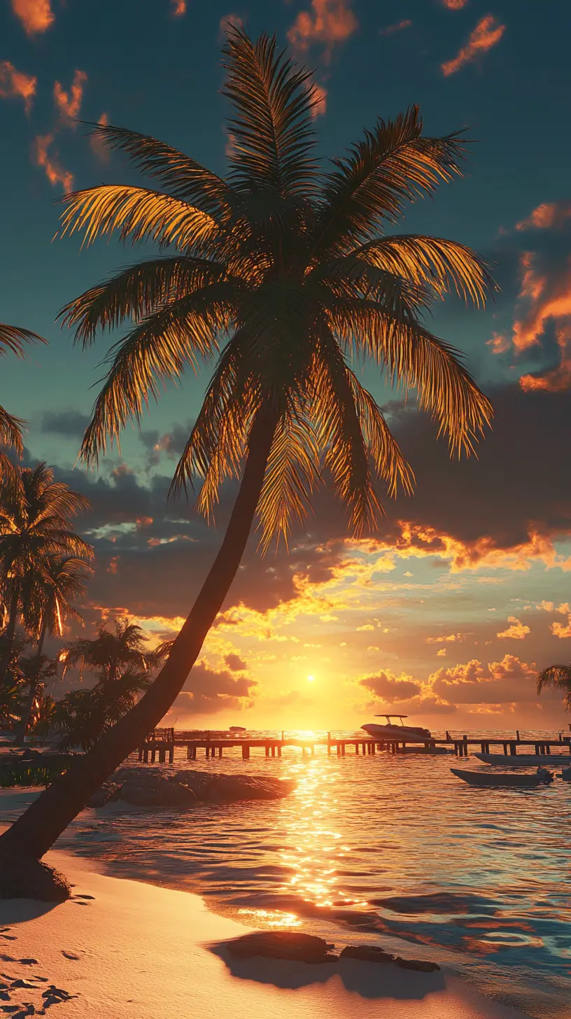 Cinematic palm tree silhouette at tropical ocean sunset