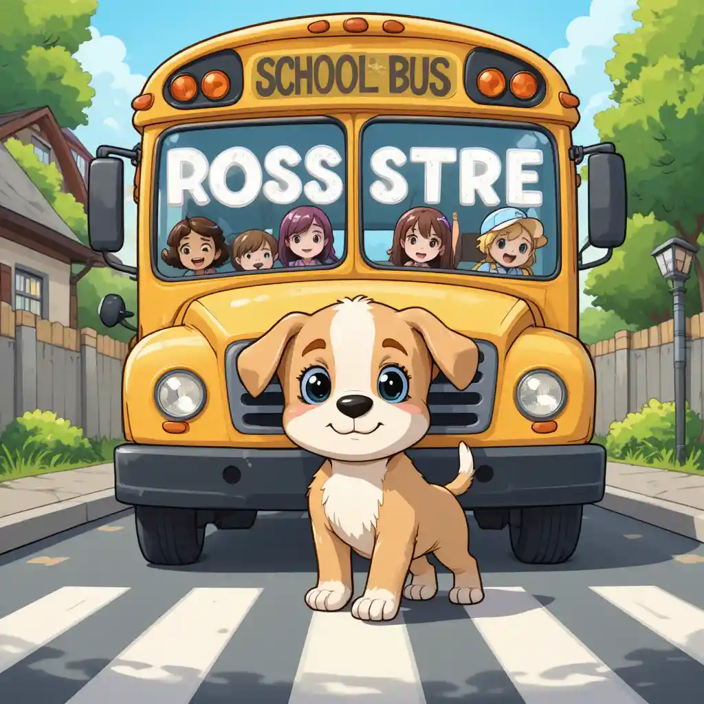 Cute puppy crossing a street before a yellow school bus