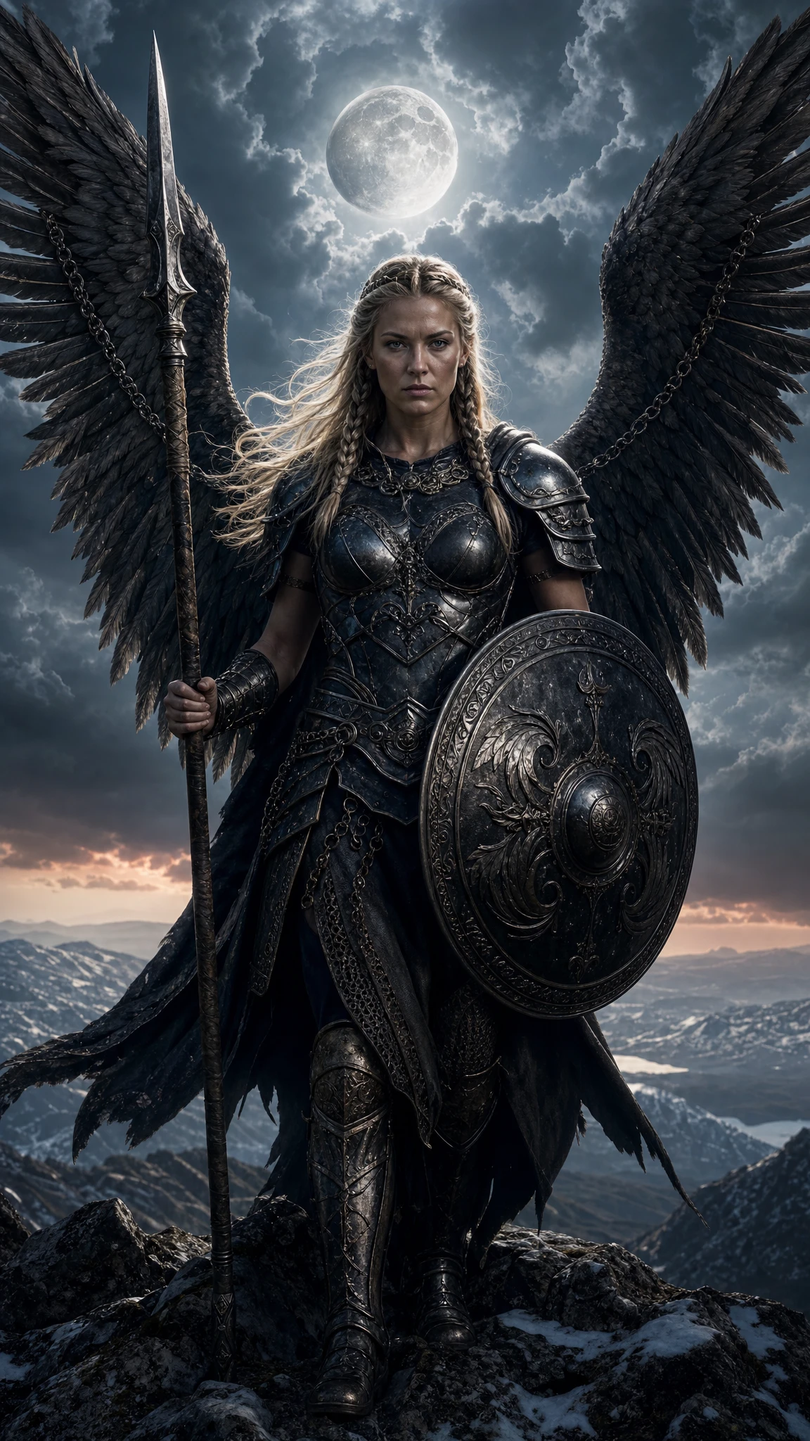 Valkyrie warrior with wings on a moonlit mountain ridge