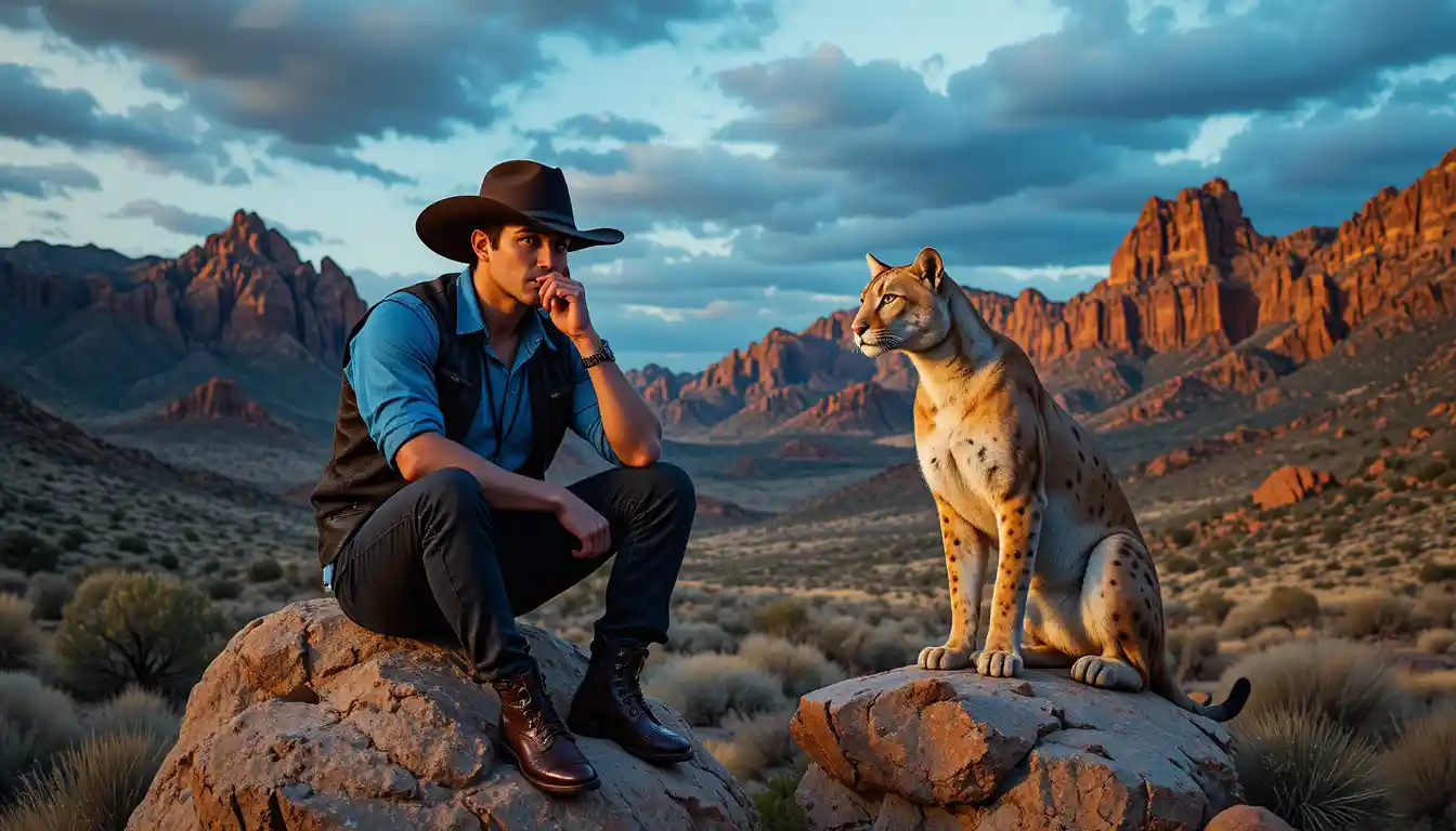 Cowboy with puma in a rocky desert at dusk