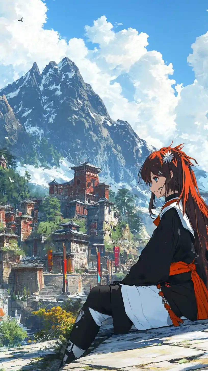 Anime girl sitting on a brick wall at a training camp