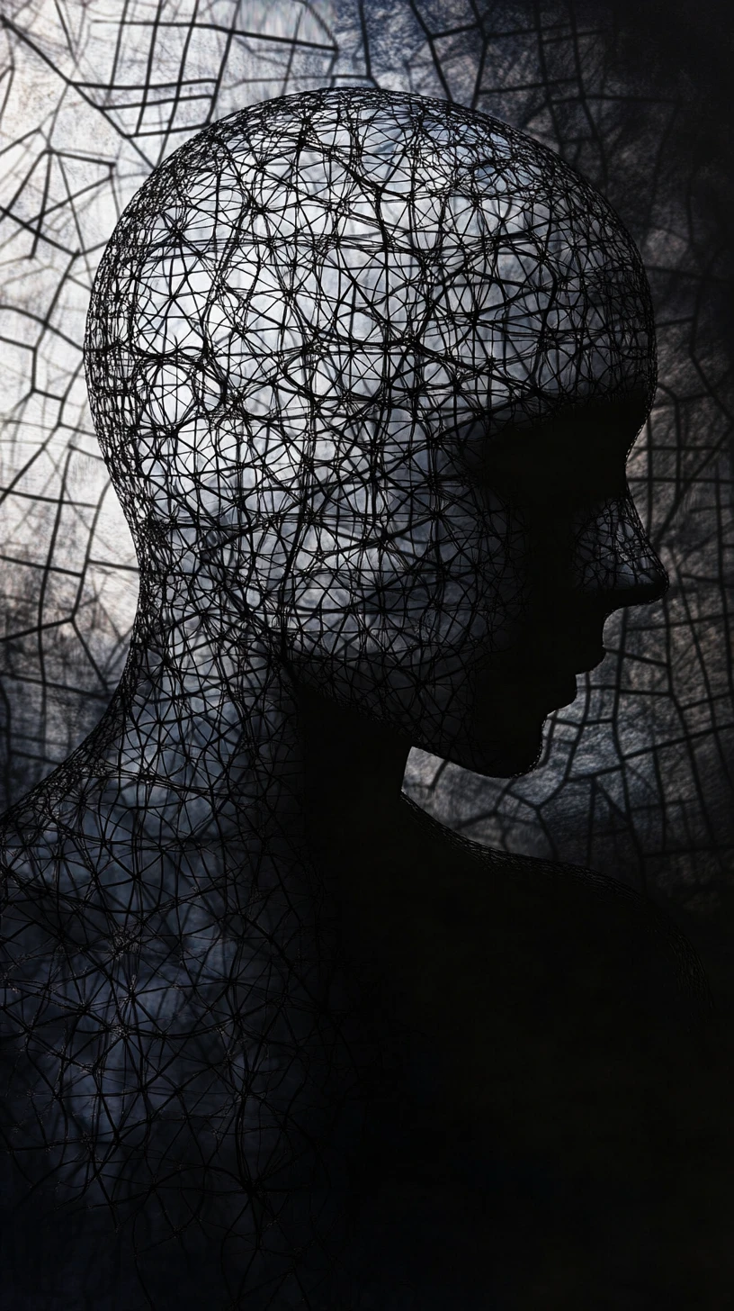 Mysterious silhouette framed by labyrinth like abstract patterns