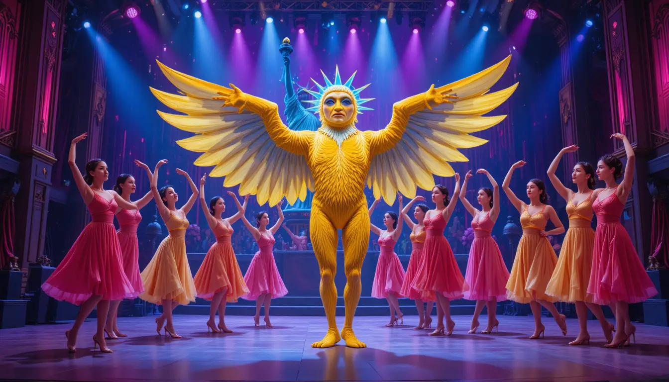 Colorful stage show with yellow bird mascot and dancers