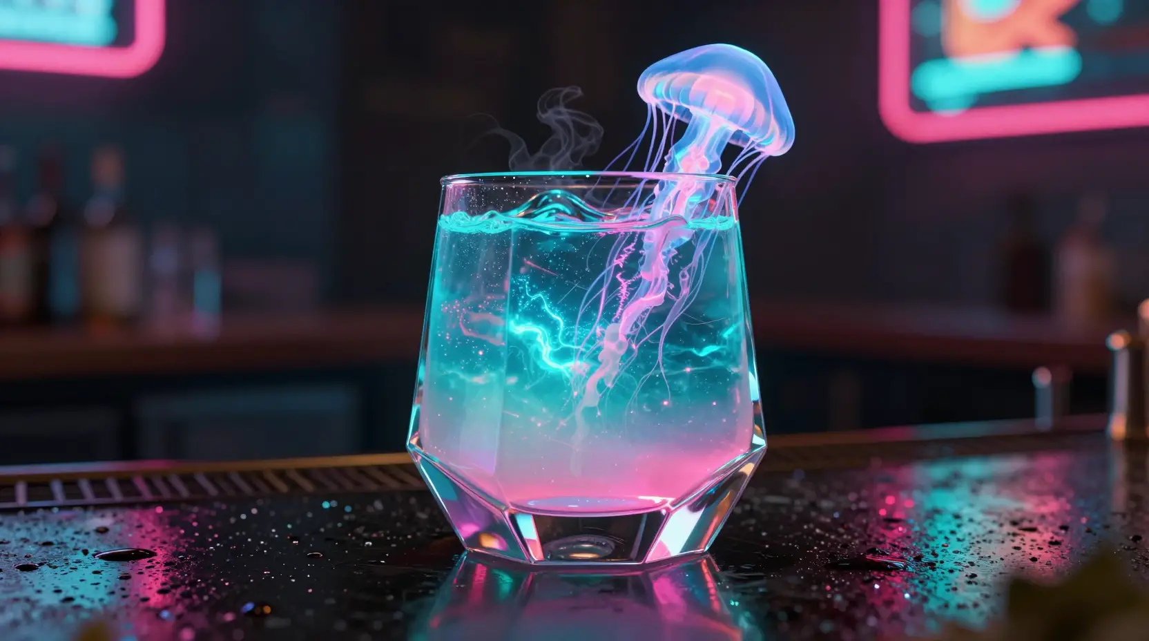 Cóctel neón futurista en vaso geométrico sobre barra mojada