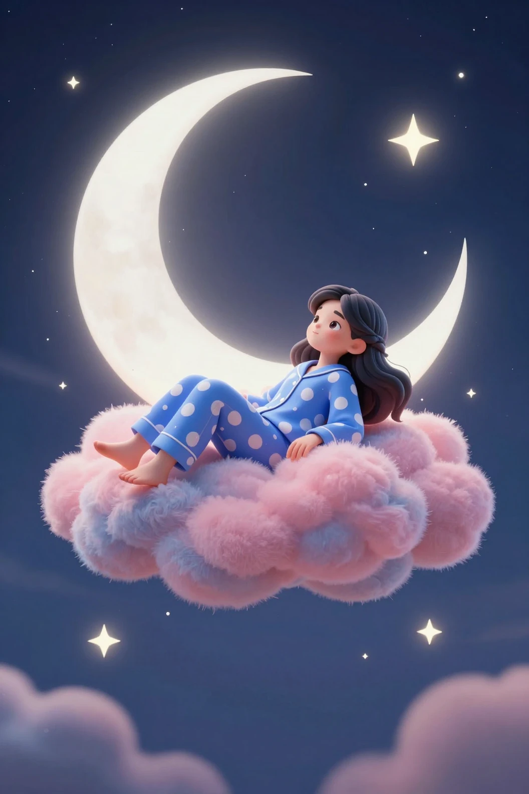 Cute girl resting on fluffy clouds in dreamy night sky