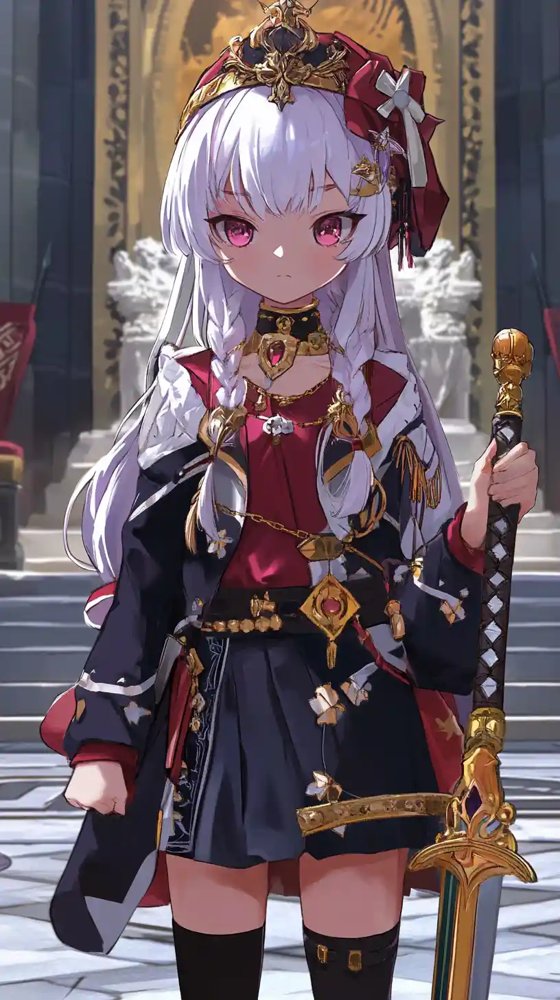 Anime girl warrior before a golden throne and crown
