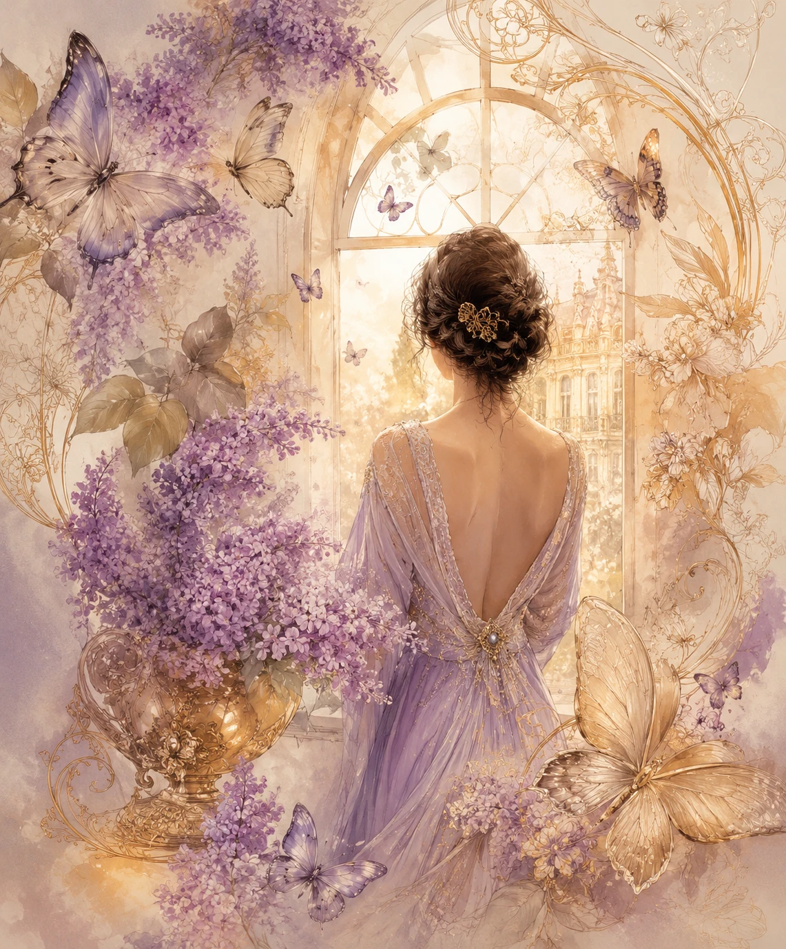 Elegant woman by a window in lilac art nouveau mood