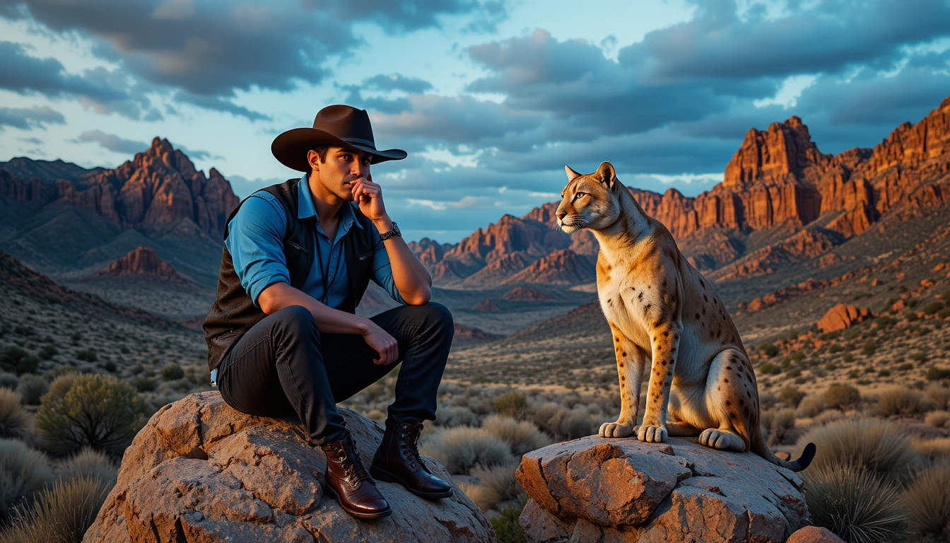 Cowboy with puma in a rocky desert at dusk