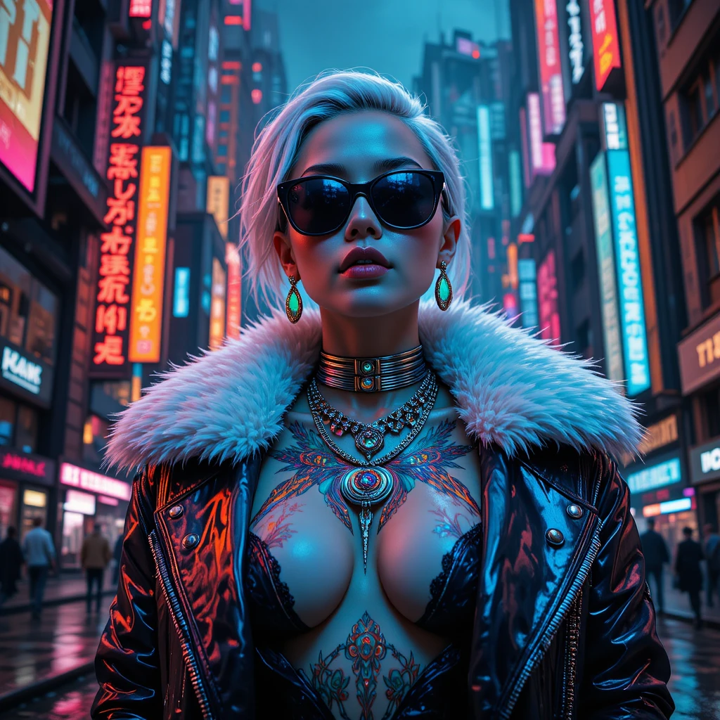 Cyberpunk fashion woman in neon city close up portrait
