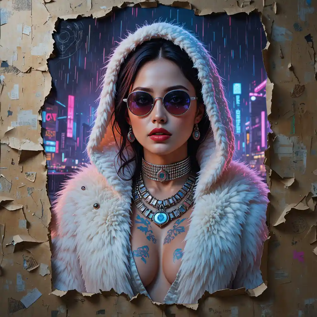 Cyberpunk woman poster on torn neon soaked city wall