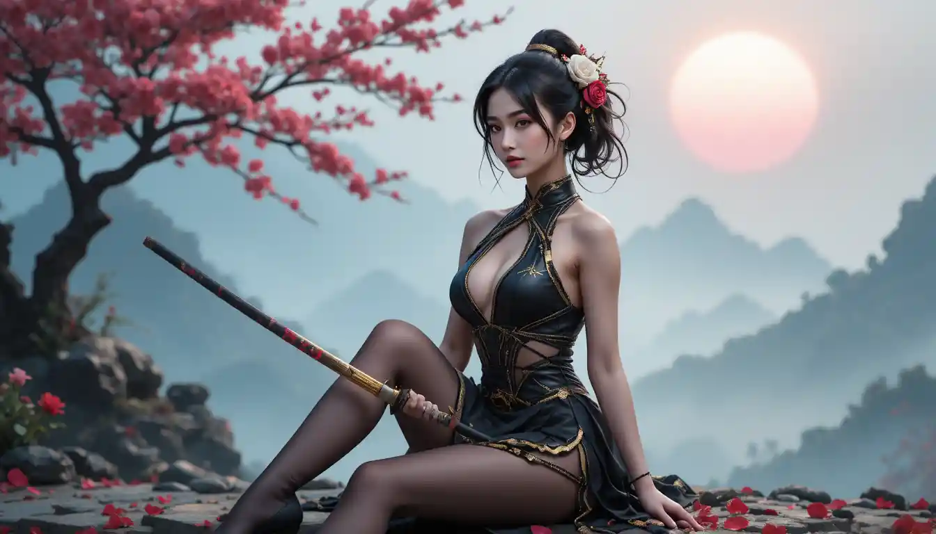 Elegant warrior woman with katana under cherry blossoms