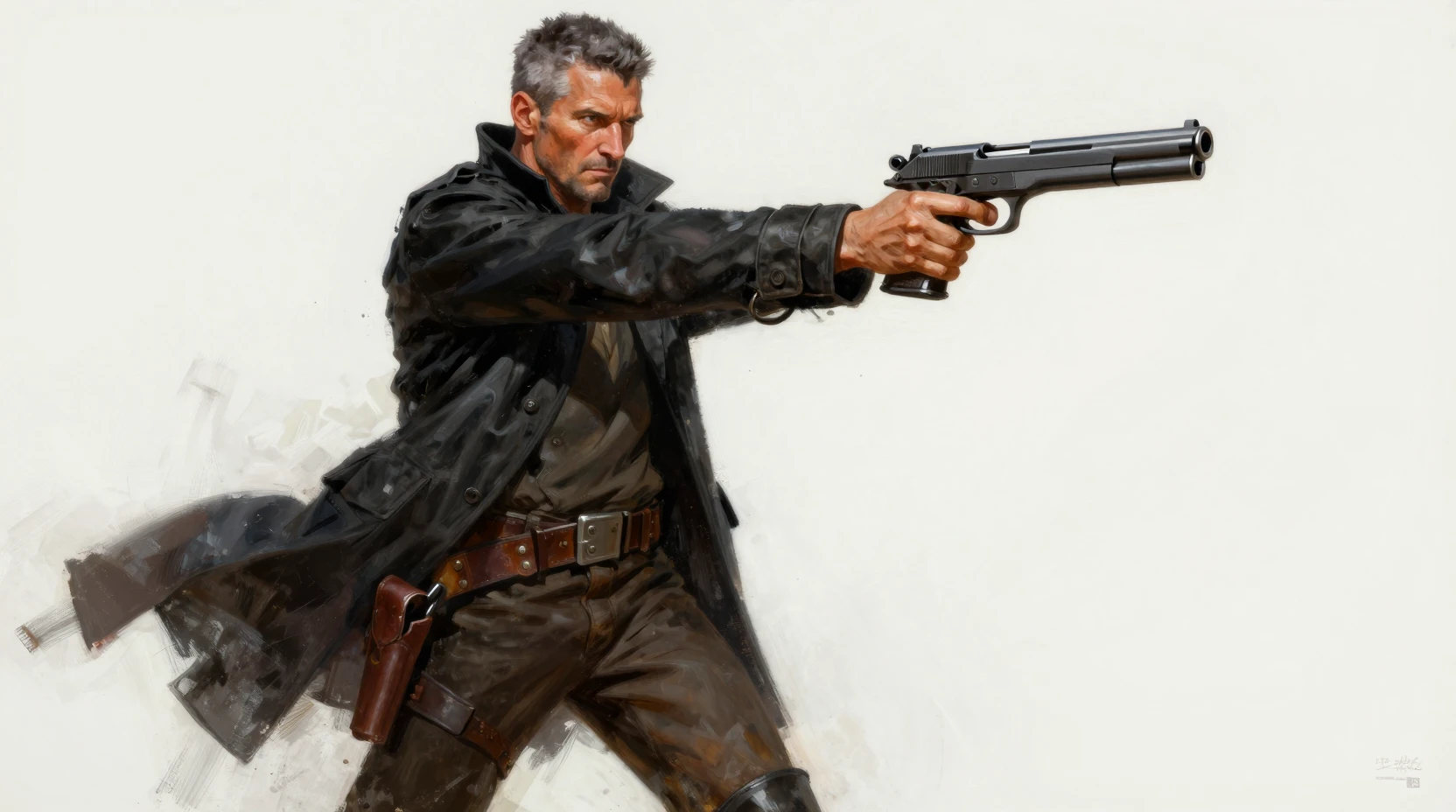 Tough middle aged man aiming a futuristic pistol forward