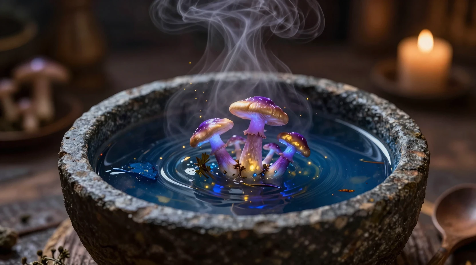 Mystical Herbal Soup With Glowing Mushrooms In Stone Bowl