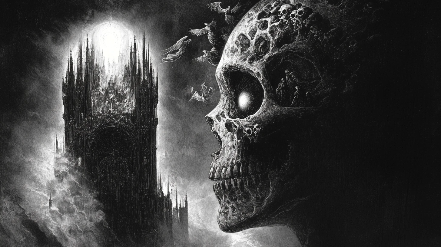 Gothic cathedral carved into a hollow human side profile