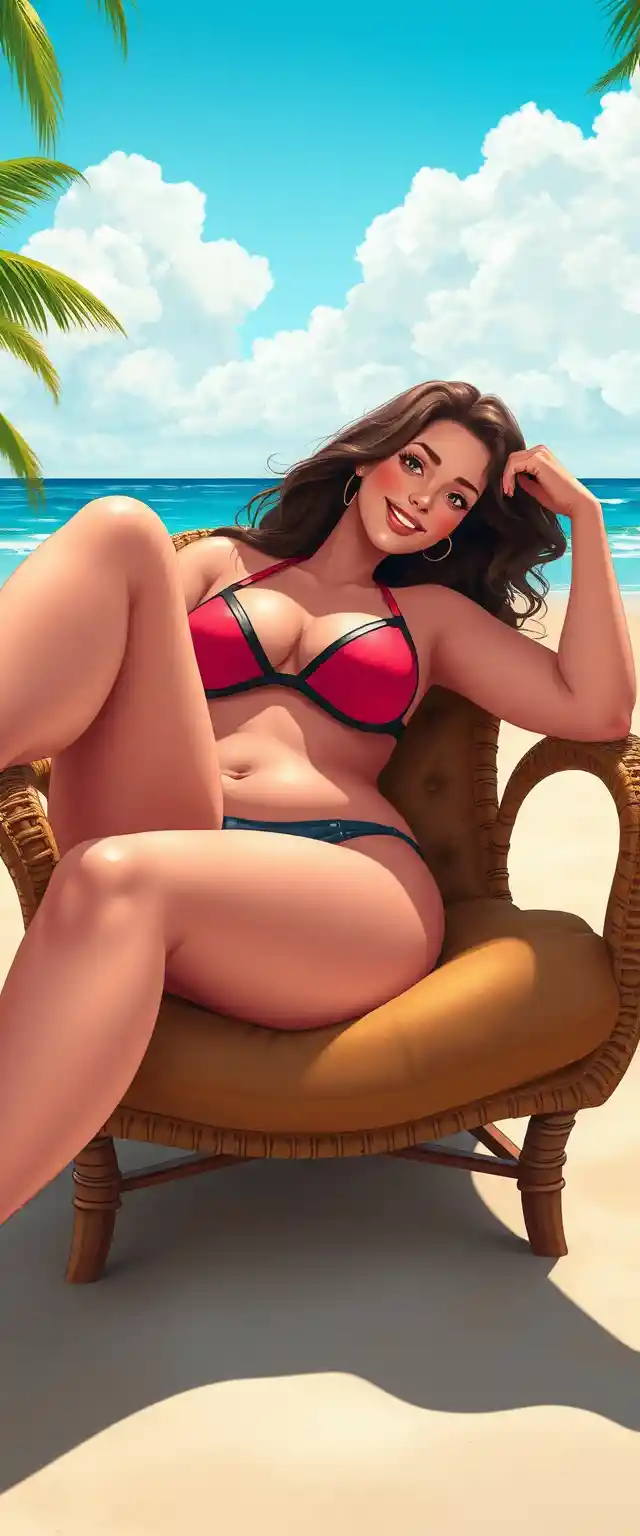 Joyful plus size woman relaxing on a sunny beach armchair