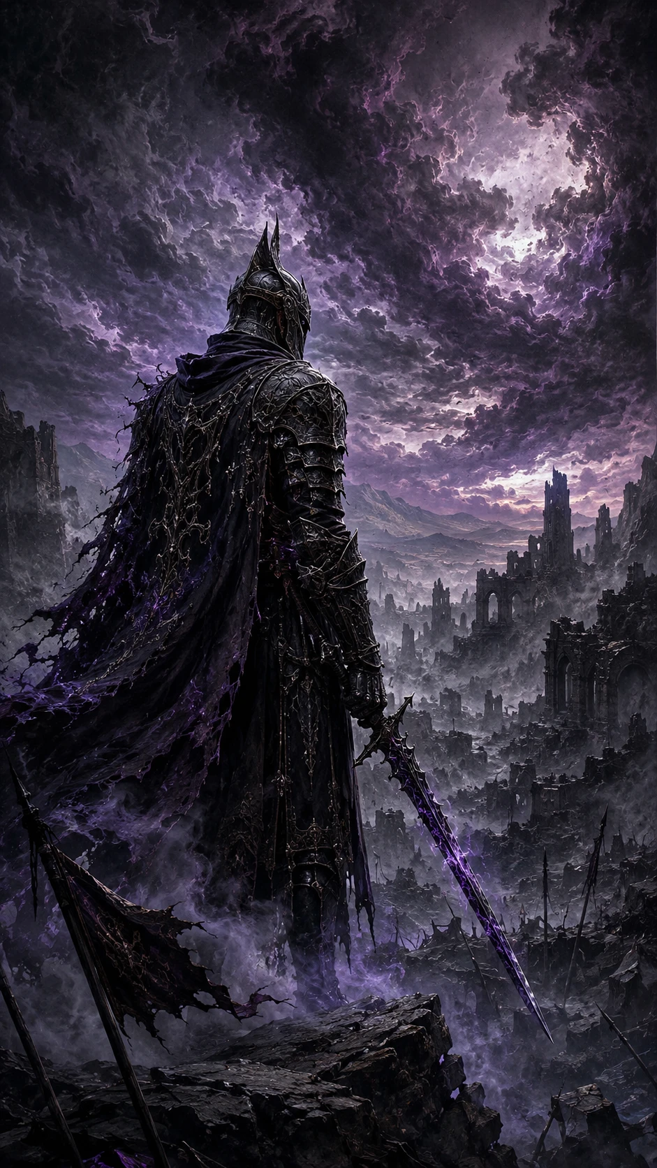 Lone warrior on the edge of a misty ruined battlefield