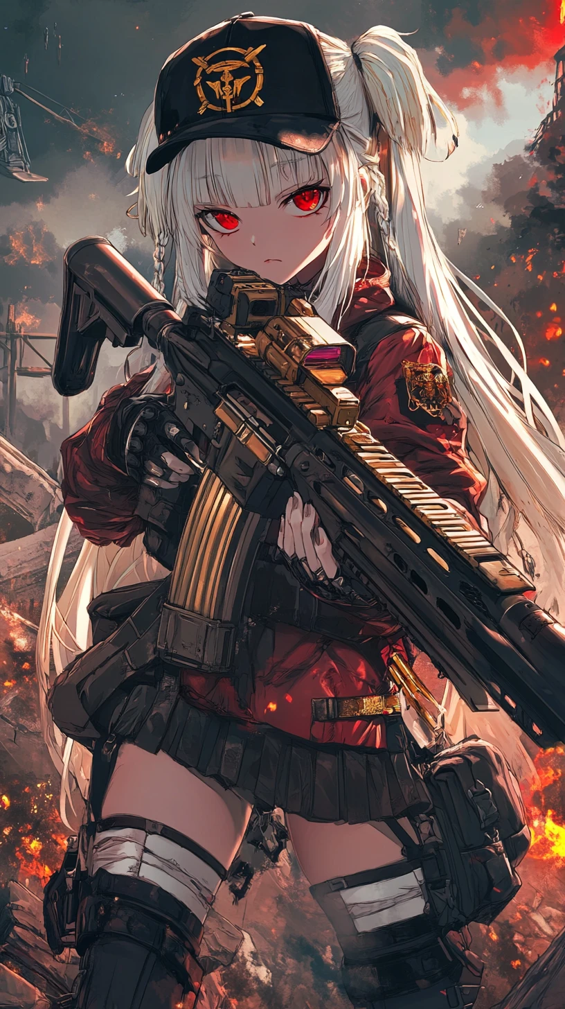 Anime girl aiming a rifle in a burning war zone