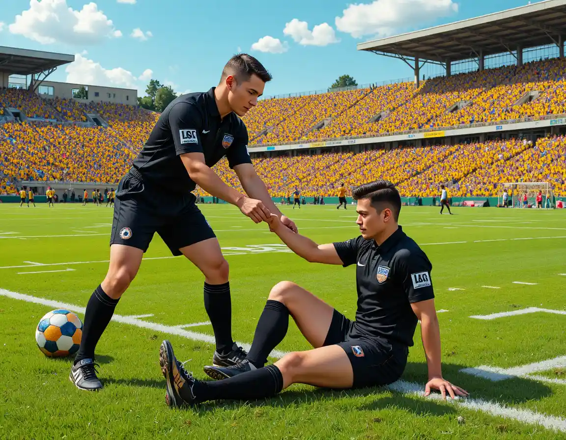 Soccer referee helping injured colleague on sunny green field