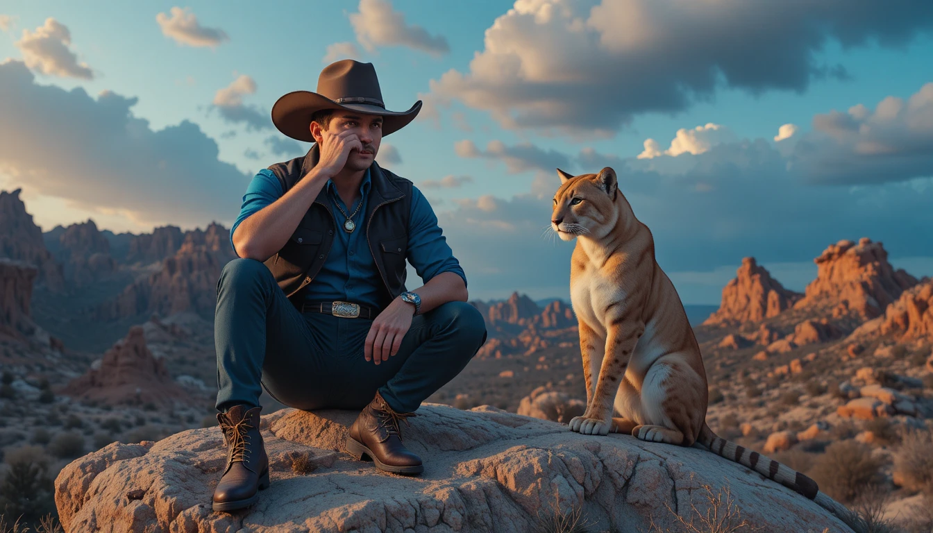 Cowboy with puma in rocky desert at twilight