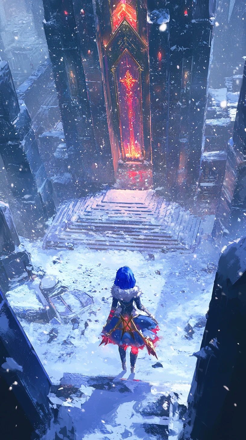 Anime girl on fallen pillar in snowy grand hall