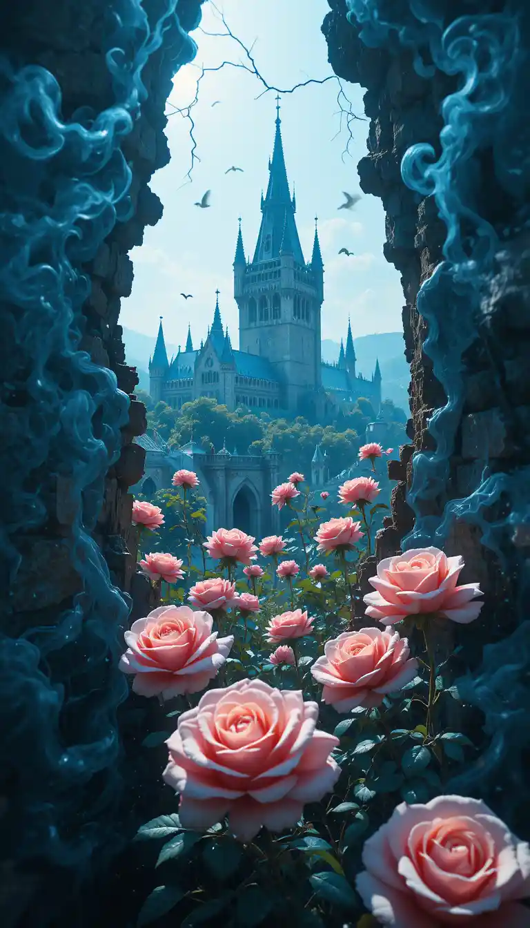 Surreal double exposure of roses and gothic castle vision
