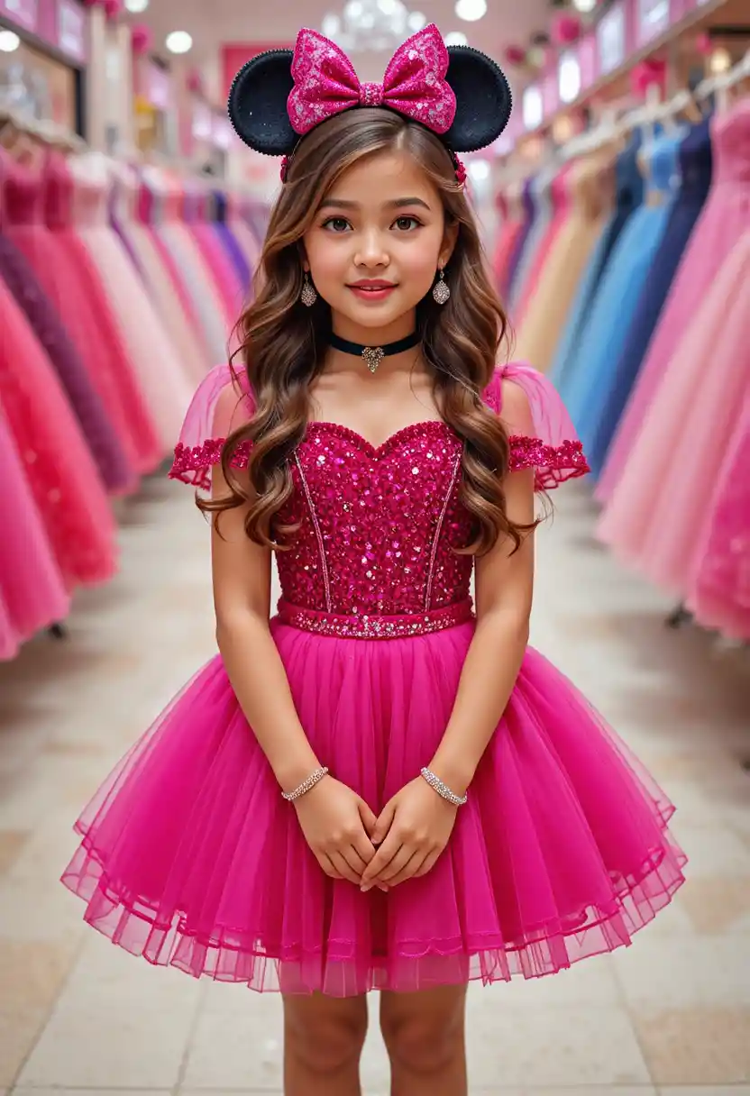 Young girl in pink Minnie dress in Disney shop
