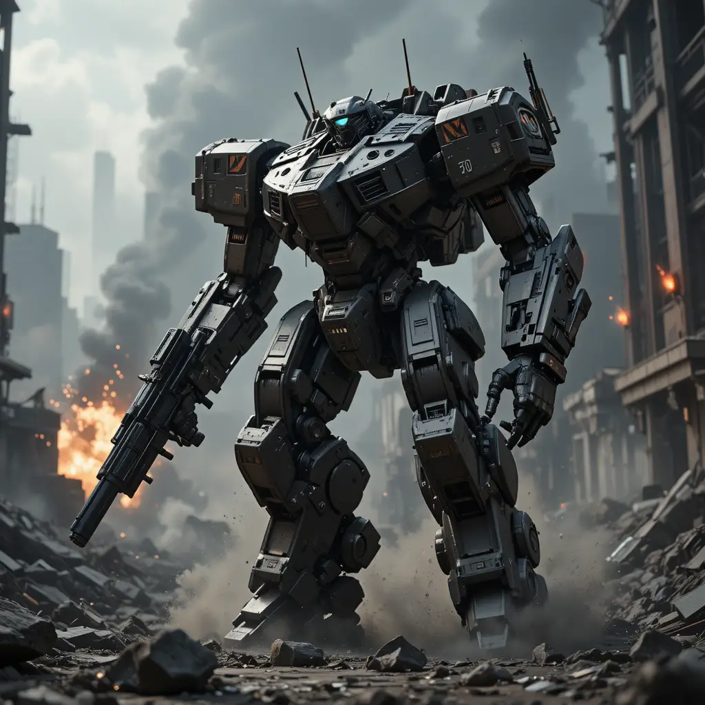Heavily armed combat mecha in ruined industrial battlefield