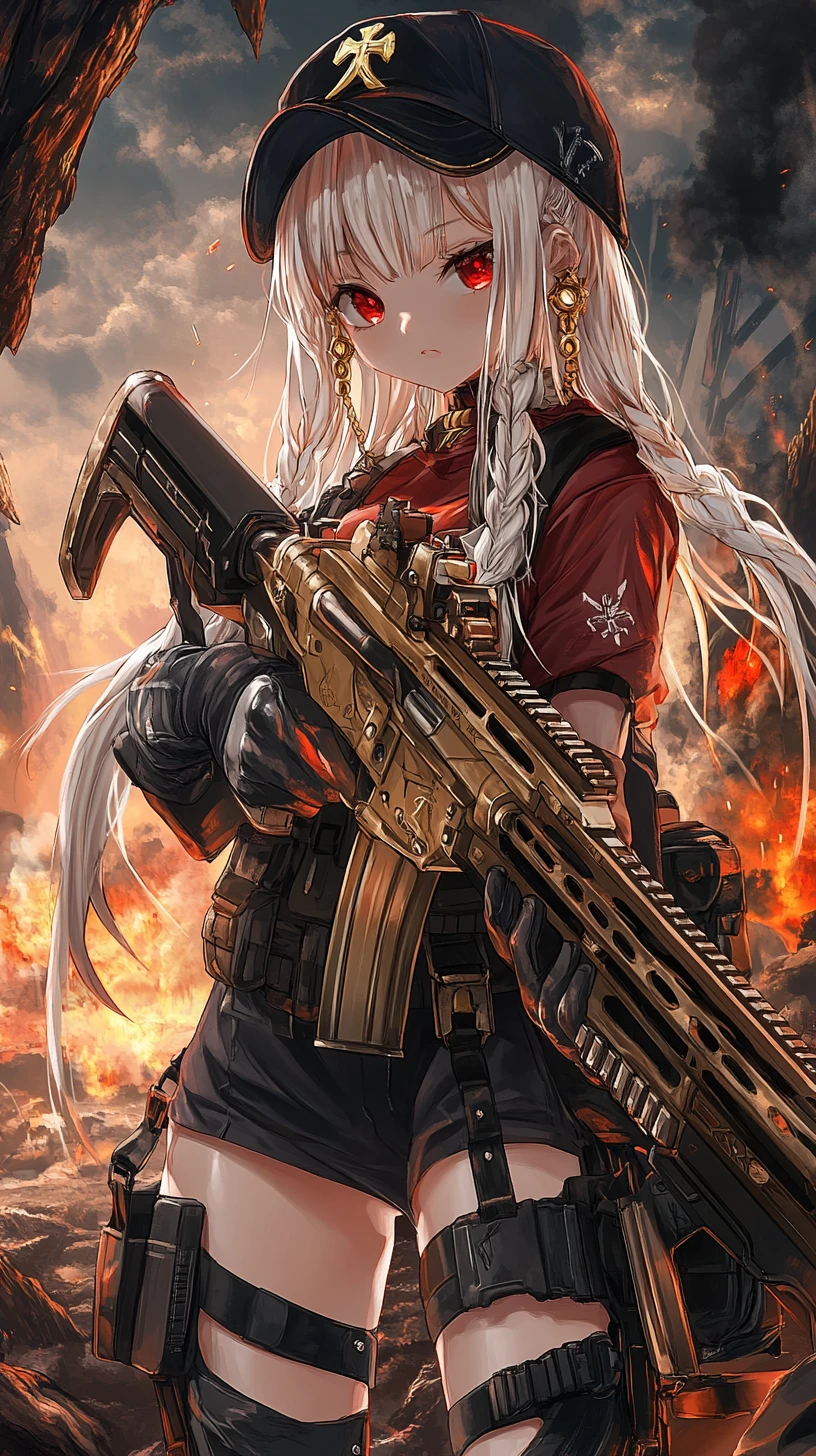 Anime-Mädchen zielt mit Gewehr in brennender Kriegszone