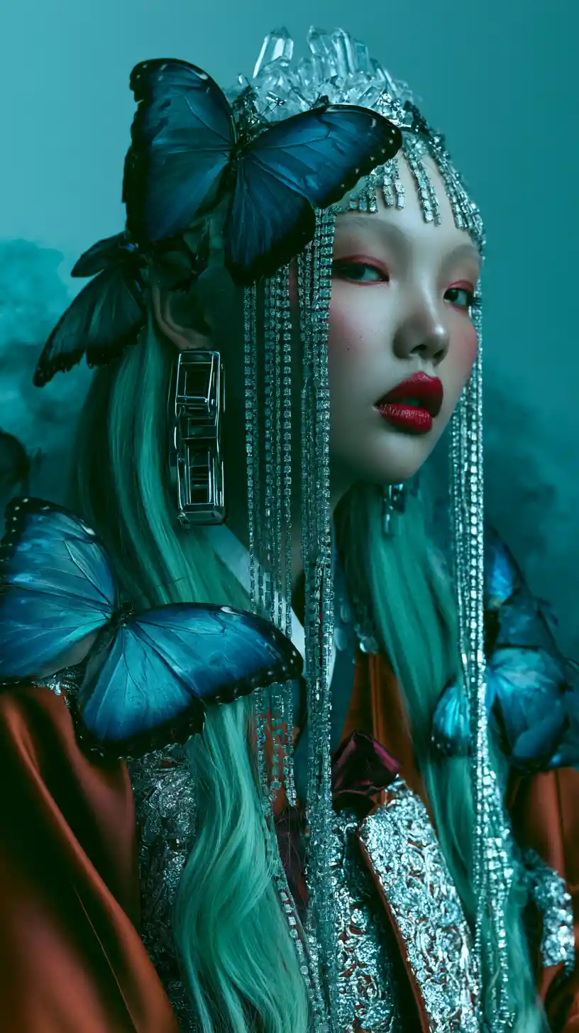 East Asian woman with mint hair and crystal crown