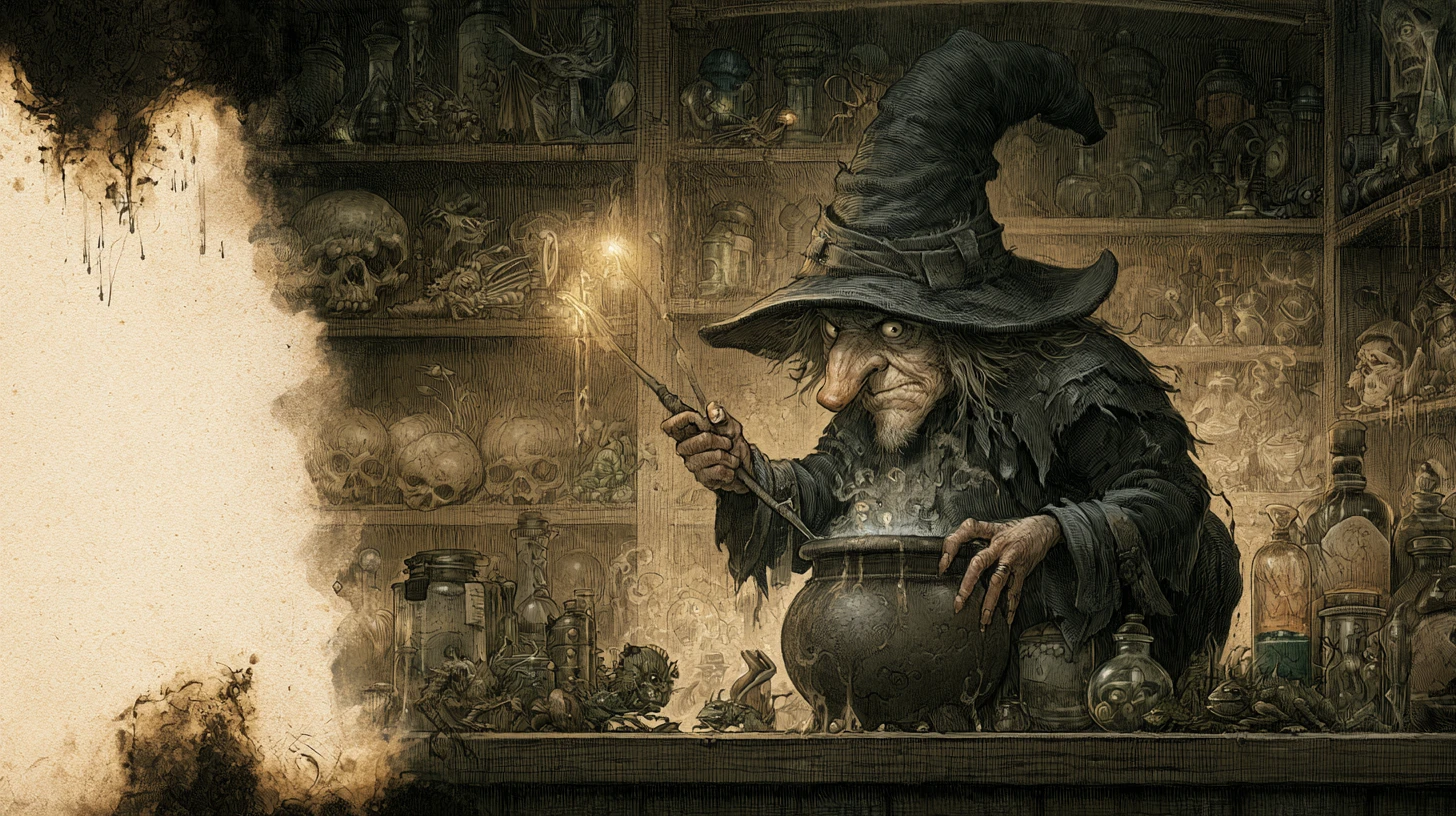 Sinister witch brewing a potion in a dark chamber