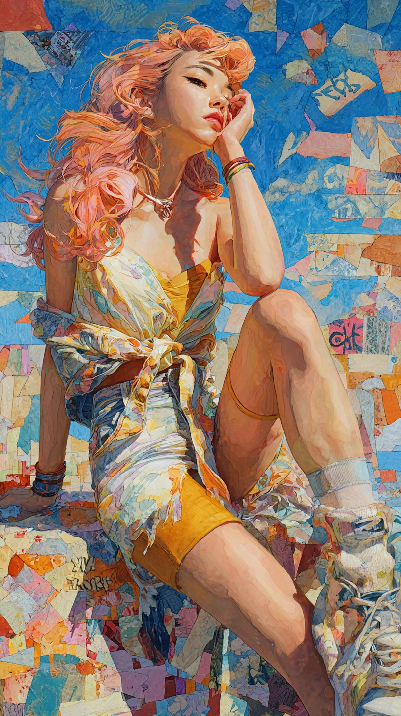 Retrato en acuarela de una mujer radiante a la luz del sol urbano