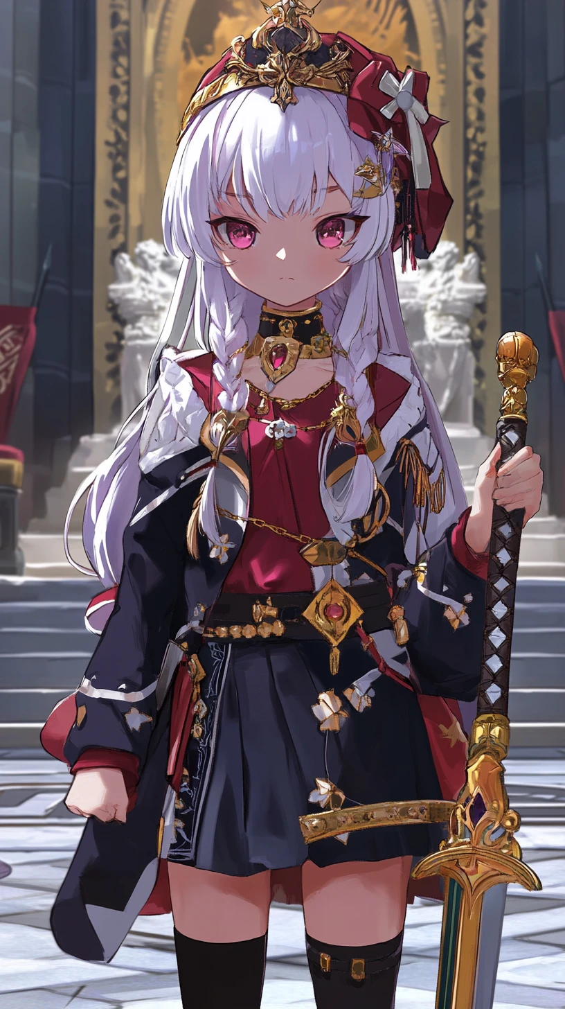 Anime girl warrior before a golden throne and crown