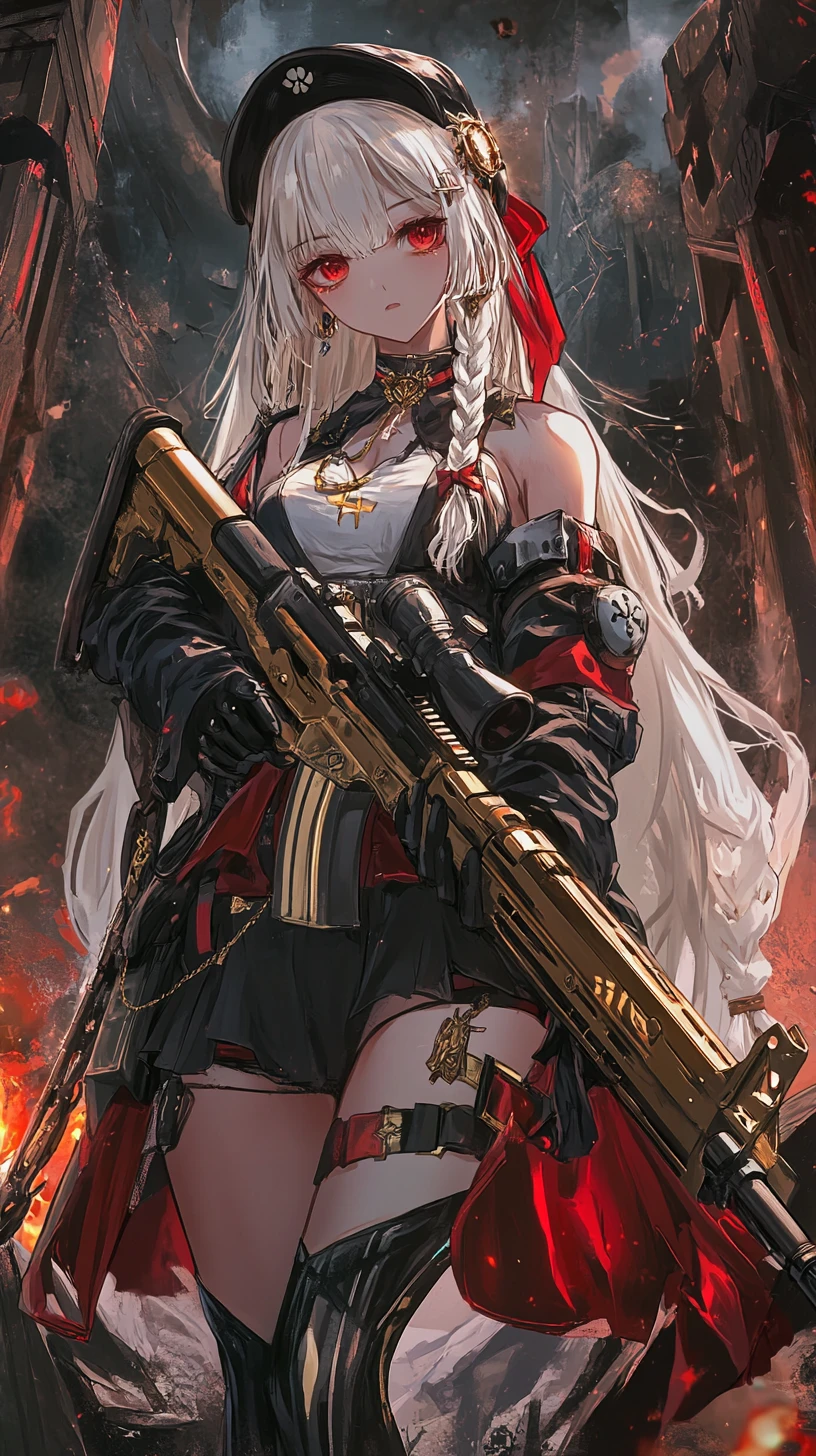 Ragazza anime che mira con un fucile in una zona di guerra in rovina