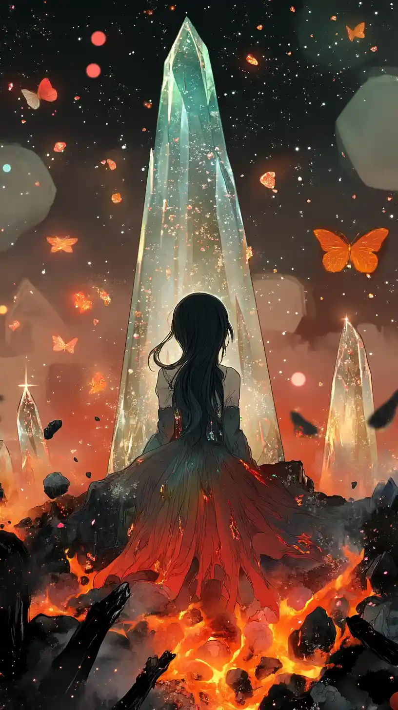 Anime girl sleeping inside a bright crystal in darkness