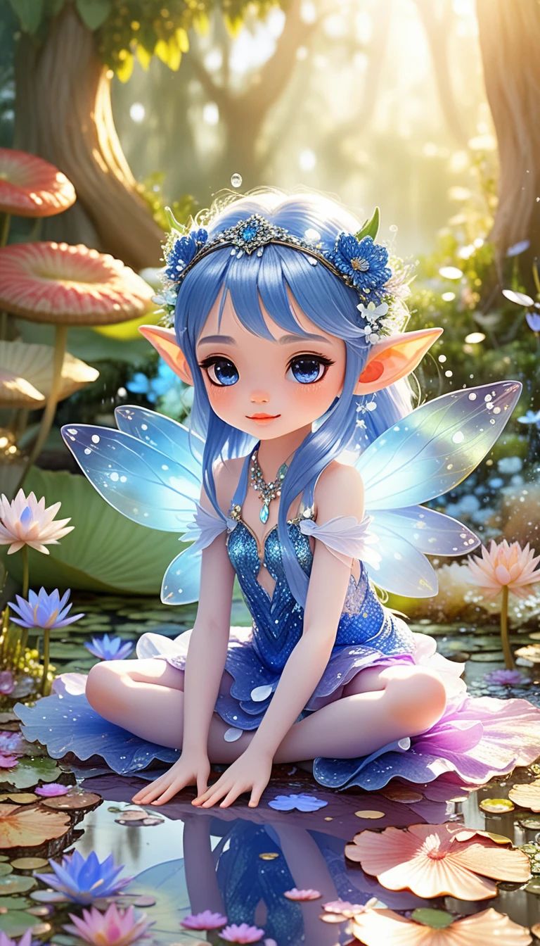 Cute forest spirit hiding under a giant glowing leaf