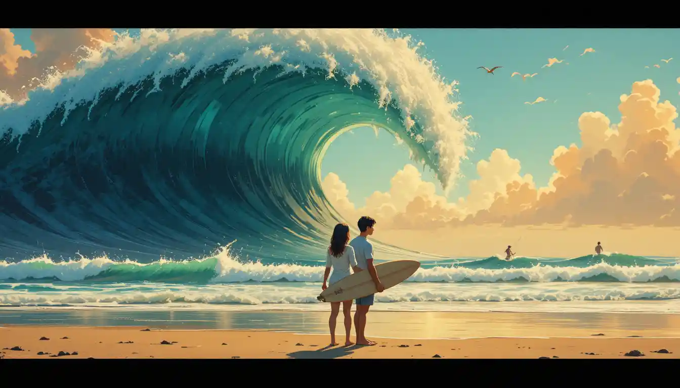 Surfer facing a towering wave on a vibrant beach