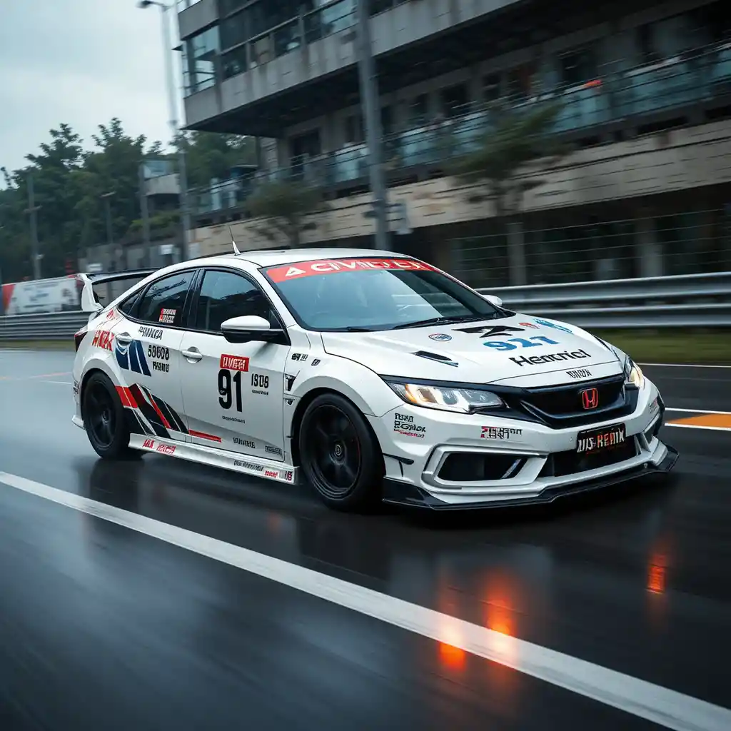 White tuned car racing fast on wet city streets