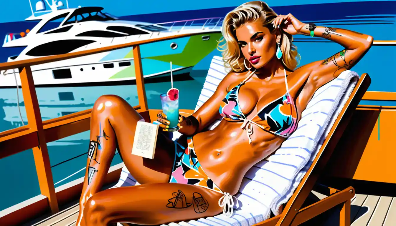 Tanned blonde in micro bikini posing seductively on yacht