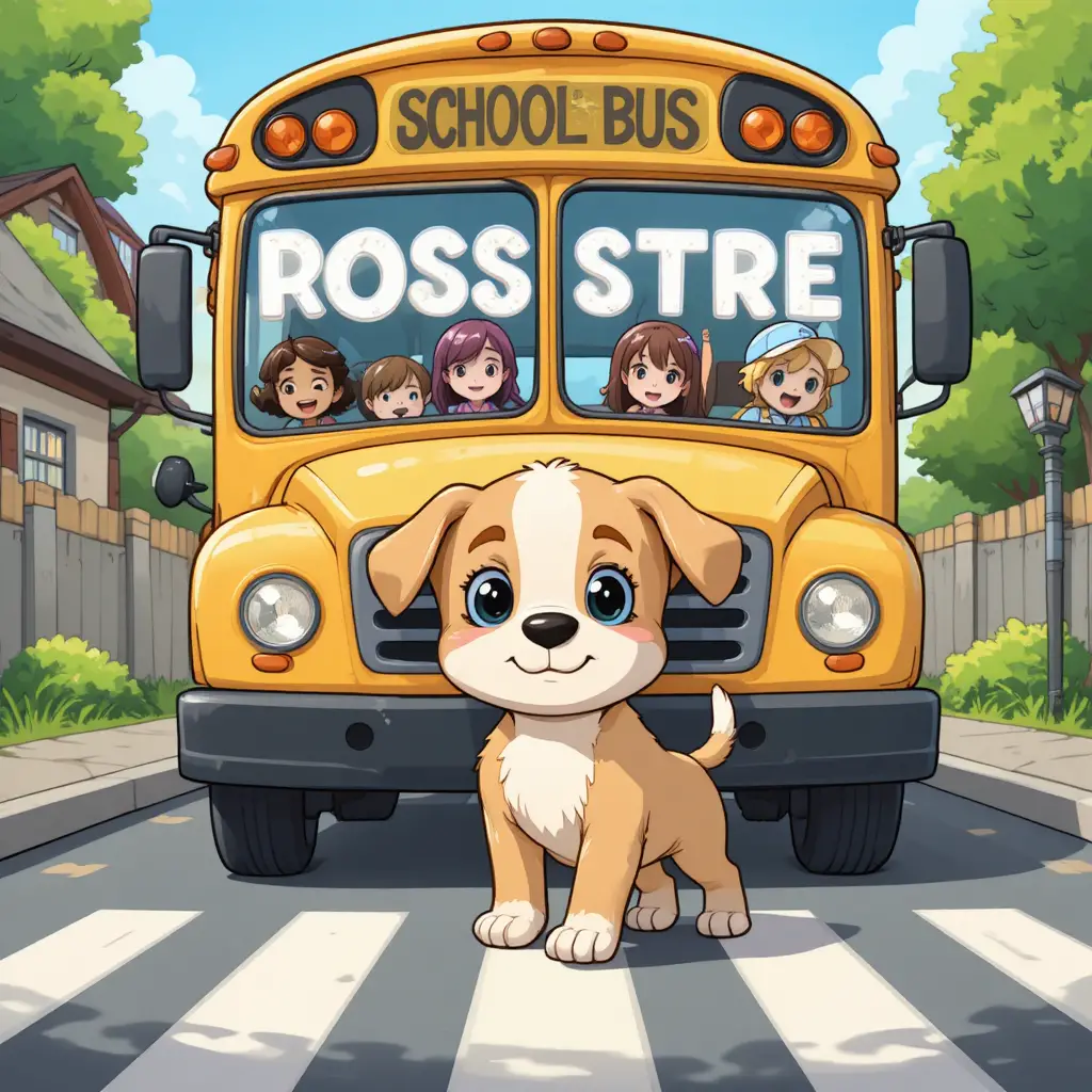 Dolce cagnolino che attraversa la strada davanti a uno scuolabus giallo