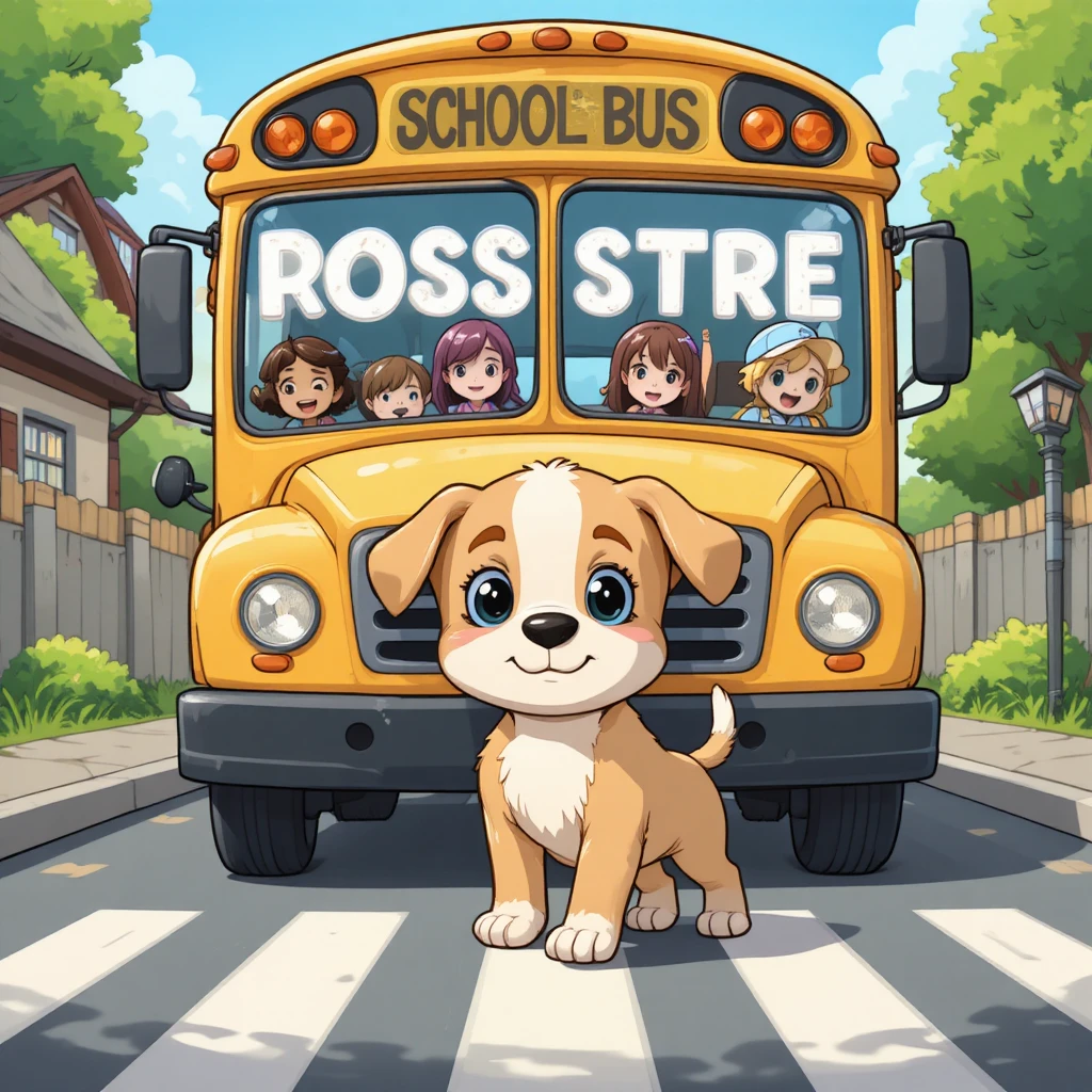 Cute puppy crossing a street before a yellow school bus