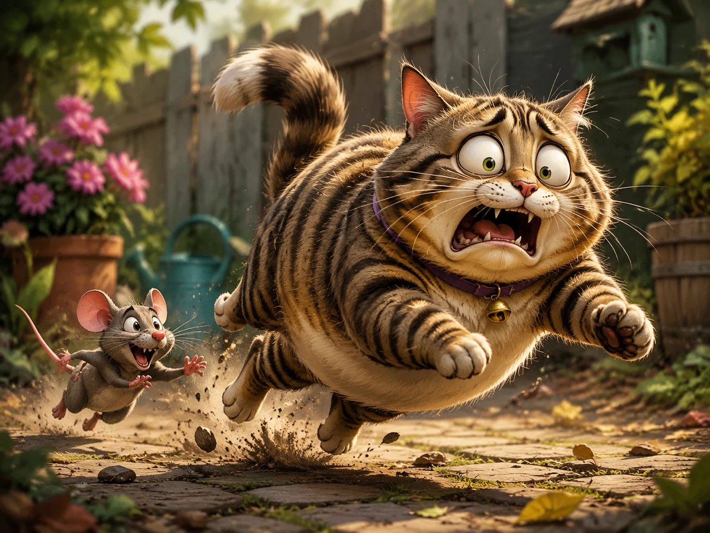 Scared Tabby Cartoon Cat Chased By A Playful Mouse